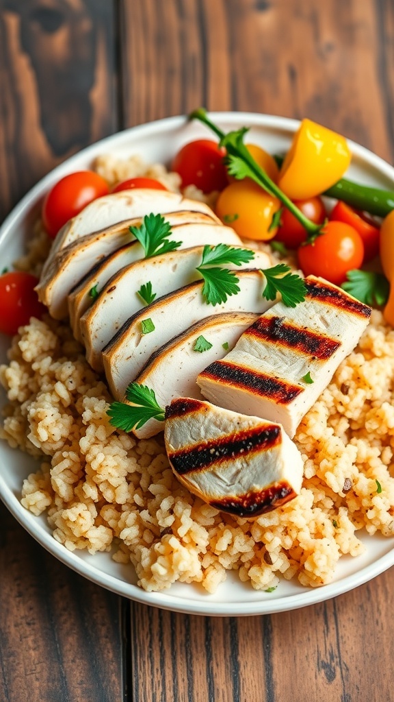 Grilled chicken breast over quinoa with sautéed vegetables, garnished with parsley on a rustic table.